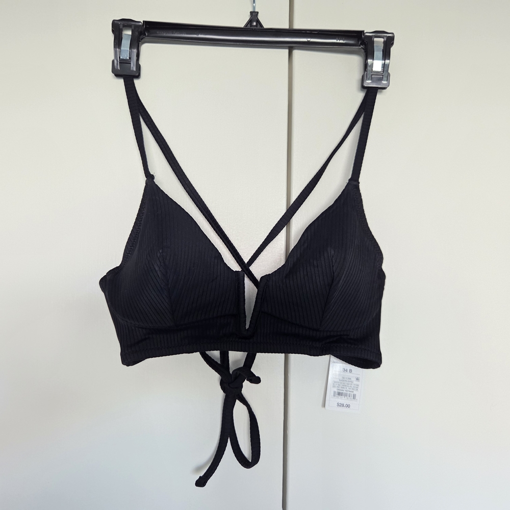 Shade & Shore Black Ribbed V-Neck Tie-Back Bikini Top-Size 34B NWT